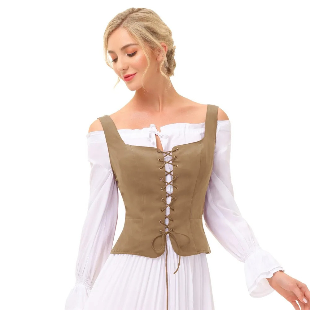 SD Women Vintage Faux Suede Square Neck UBack Laceup Front Vest Coat Waistcoat Renaissance Cosplay Costume Peasant Bodice A30 240523