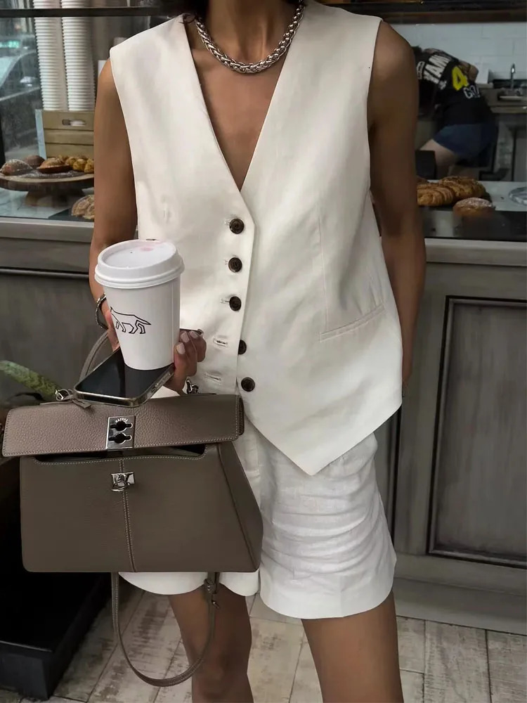 TRAF Linen Vests for Women Sleeveless Suit Vest Coat Woman Autumn Korean Fashion Female Black White Top 240523