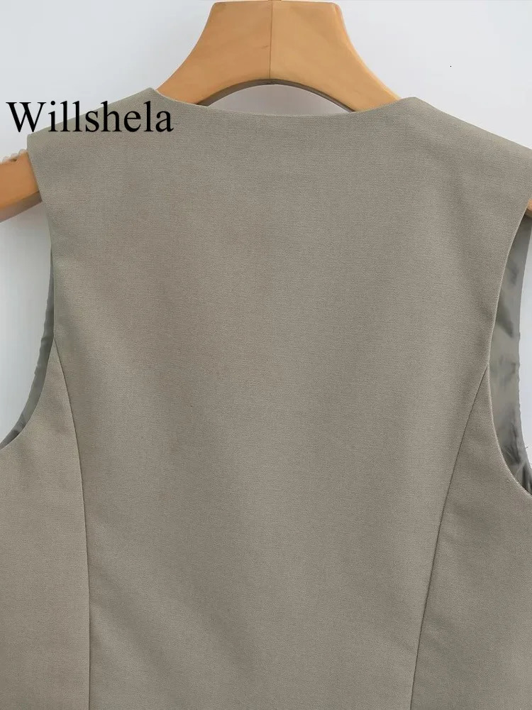 Willshela Women Fashion With Beading Army Green Lace Up Vest Sleeveless Jackets Vintage VNeck Waistcoat Female Chic Tank Tops 240523