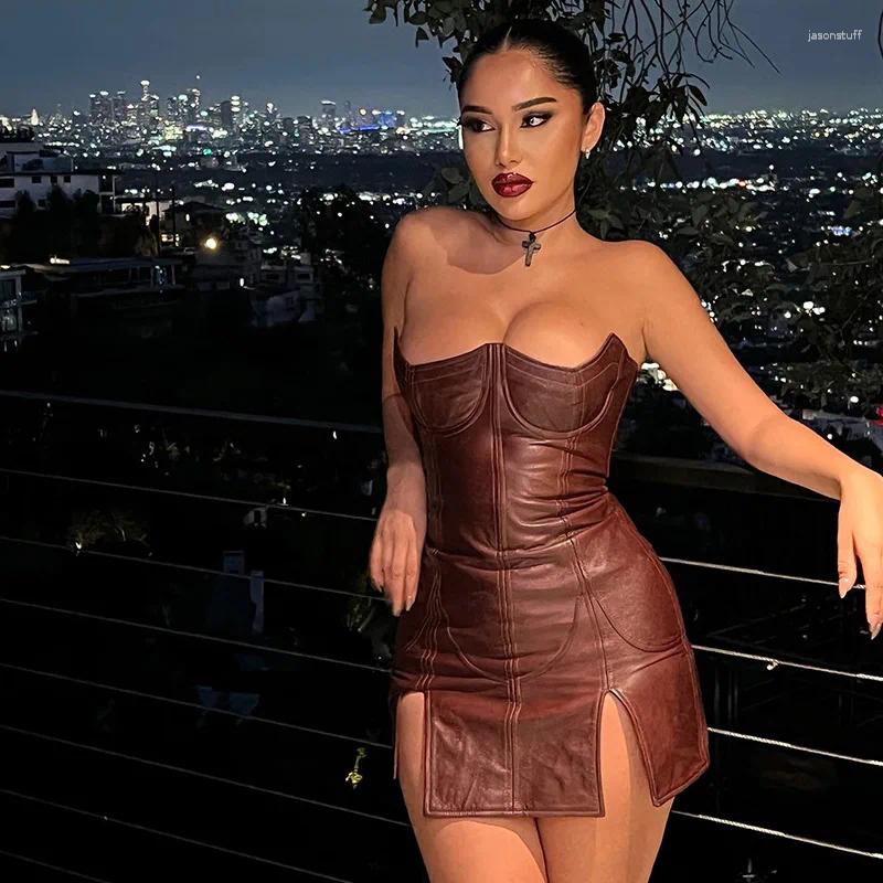 Casual Dresses PU Faux Leather Women Solid Strap Midi Dress Slit Bodycon Sexy Streetwear Party Club Festival 2024 Corset Mini