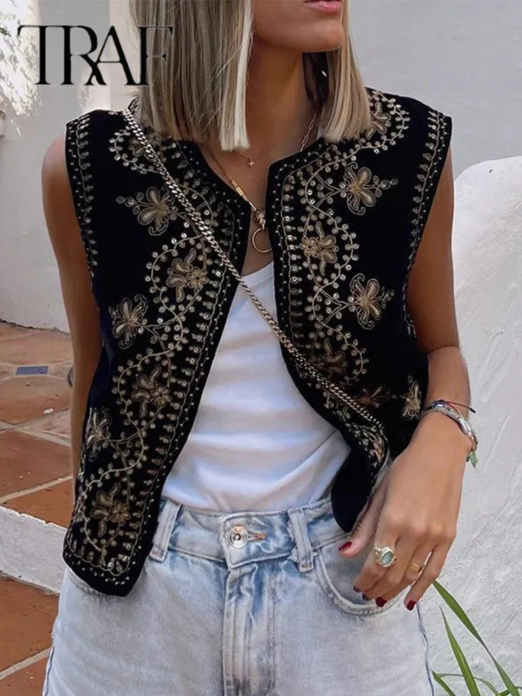 TRAF Vintage Autumn Velvet Embroidered Vest Sleeveless Jacket Women V Neck Chic Waistcoats Female Fashion Vests Coat 240523