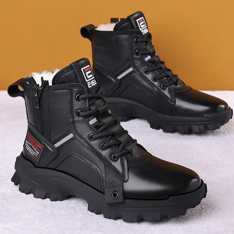 Genuine Leather Men Natural Fur Warm Ankle Snow Boots Unisex Outdoor High-top Motorcycle booties Non-slip Shoes Hiking Trainers