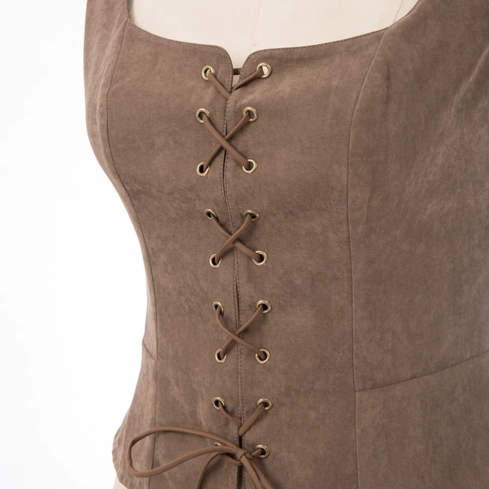 SD Women Vintage Faux Suede Square Neck UBack Laceup Front Vest Coat Waistcoat Renaissance Cosplay Costume Peasant Bodice A30 240523