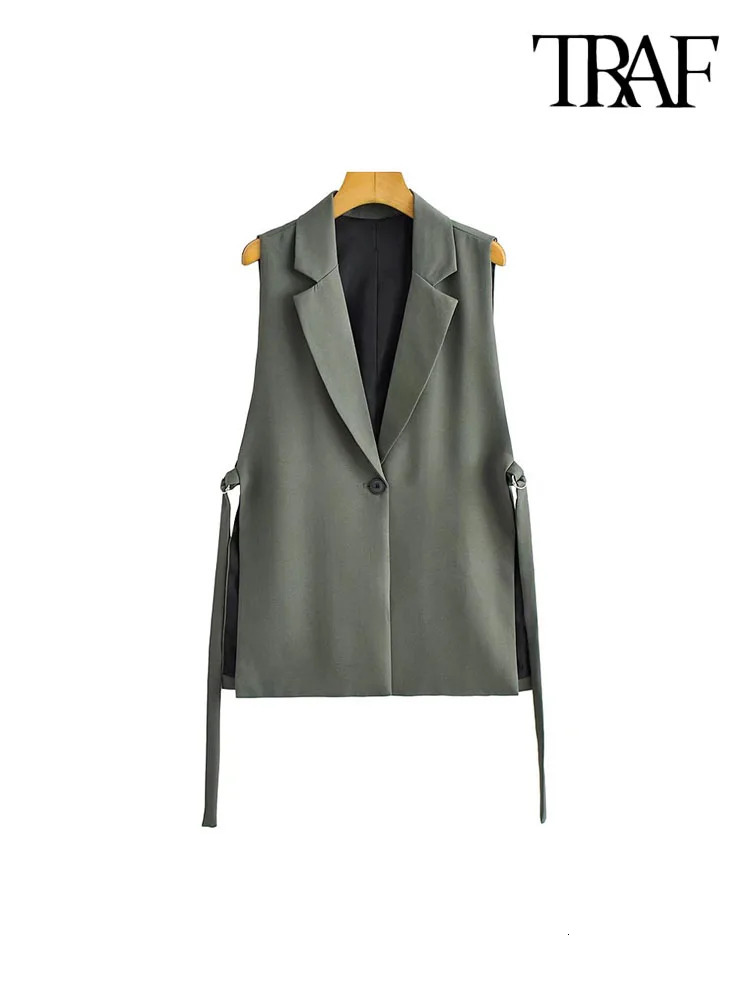TRAF Women Fashion With Taps Side Vents Waistcoat Vintage Sleeveless Front Button Female Outerwear Chic Vest Tops 240523