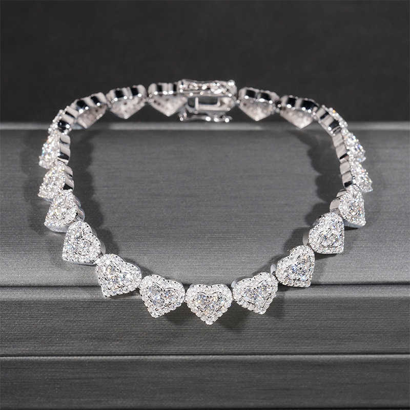 Elegant Fine Silver Hip Hop Jewelry with VVS Moissanite - 925 Sterling Silver Heart Bracelet & Tennis Chain for Women and Men