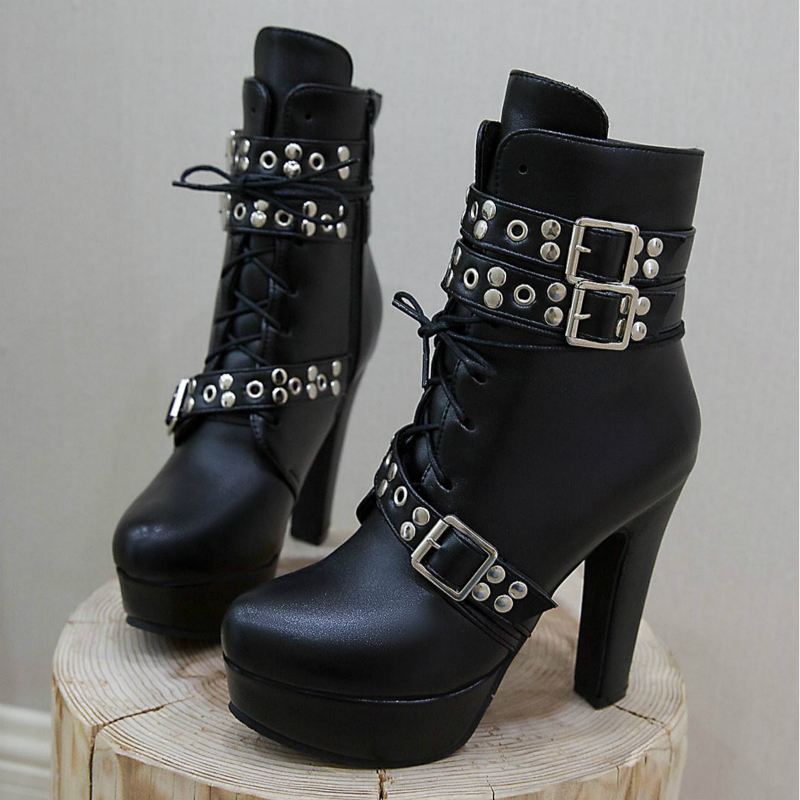 Ankle Women's Boots Platform Red White Yellow Lace Up High Heels Short Boot Female Autumn Winter Unisex Shoes Sexy Large Size 45 9312