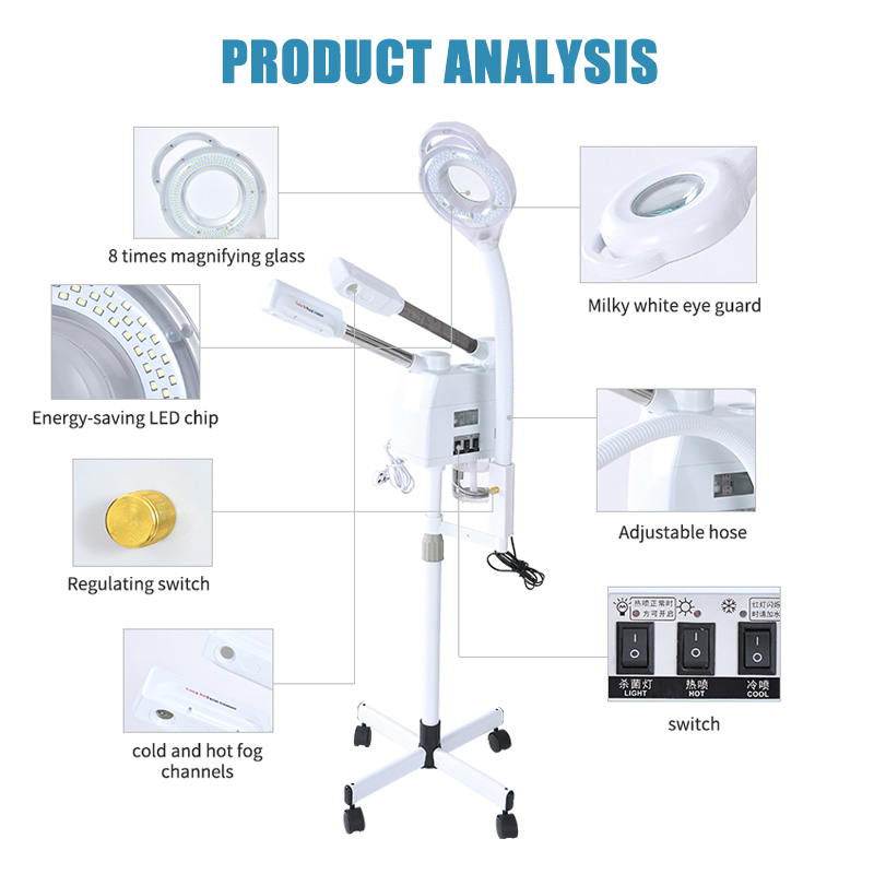 3 in 1 Hot And Cold 2 Spray-Heads Facial Steamer With 8X Magnifying Lamp Ring Light Vapor Ozone Vaporizer Spa Tools For Salon