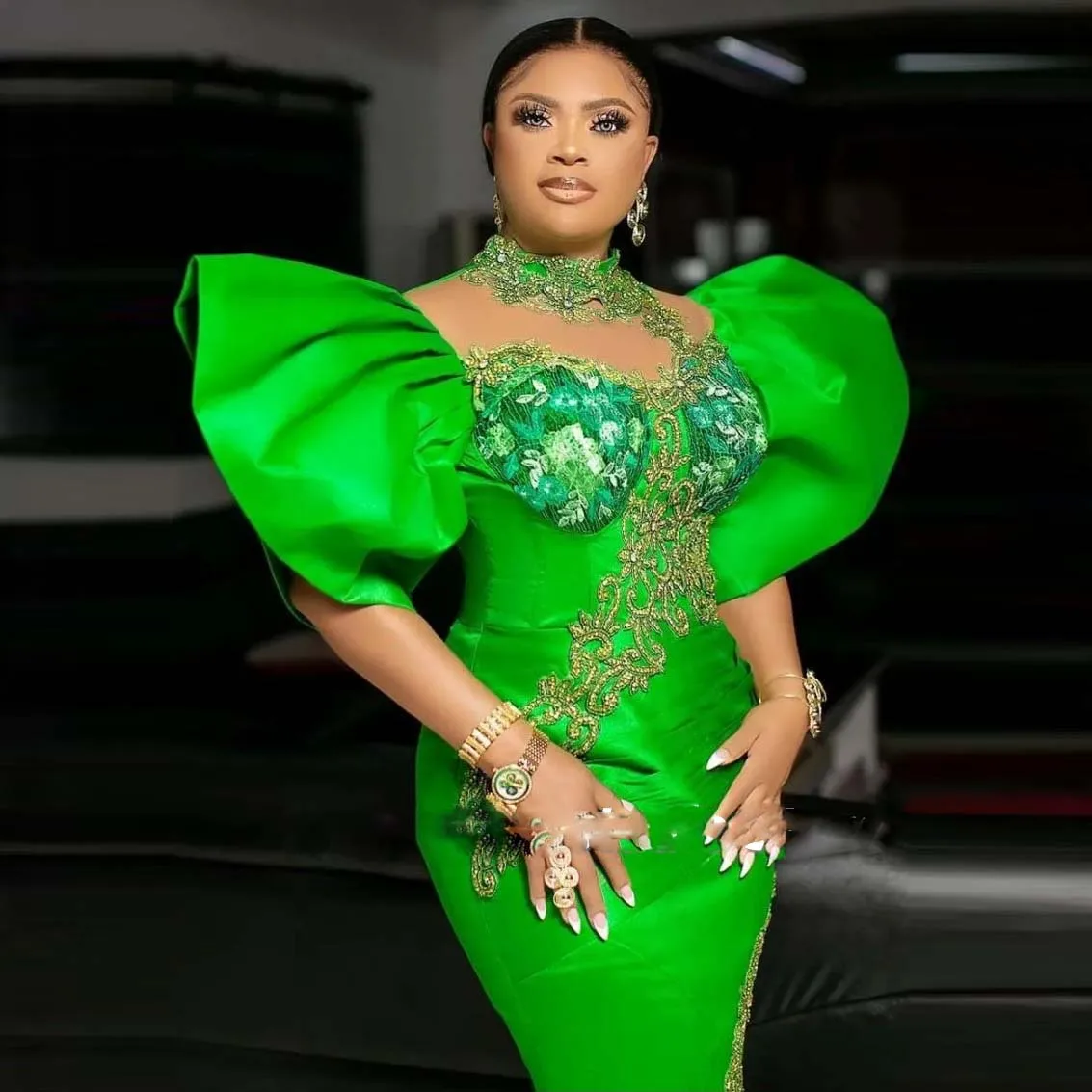 Aso Ebi Green Mermaid Prom Dresses Sequins Lace Appliques Puffy Sleeves African Sheath Or Length Evening Gowns Women Formal Ocn Party Dress 2024 - view 3