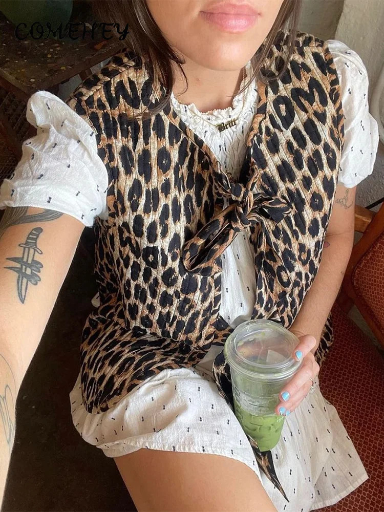 Vintage Leopard Print Lace Up Jackets Women Fashion Vneck Bow Sleeveless Slim Vest Spring High Street Tank Top Outwear 240523