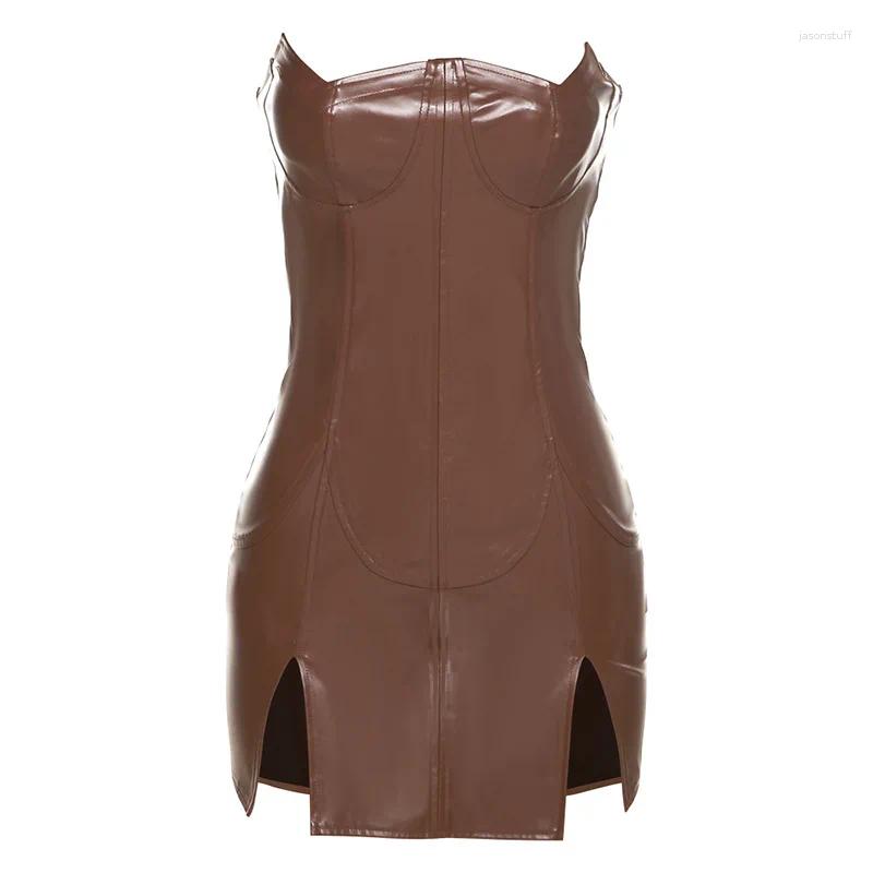 Casual Dresses PU Faux Leather Women Solid Strap Midi Dress Slit Bodycon Sexy Streetwear Party Club Festival 2024 Corset Mini