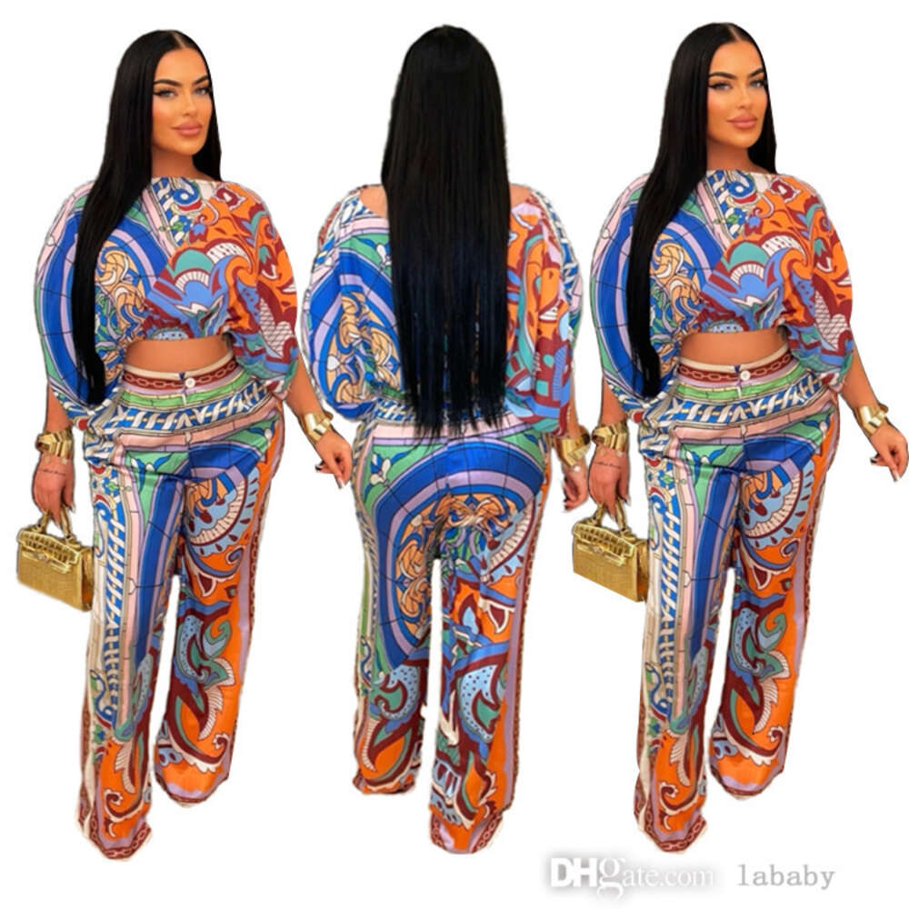 Designer Tracksuit Women Paisley Printed Two Piece Set Batwing Sleeve Blouses Crop Top And Wide Leg Pants 2Pcs Sets For Women Outfits