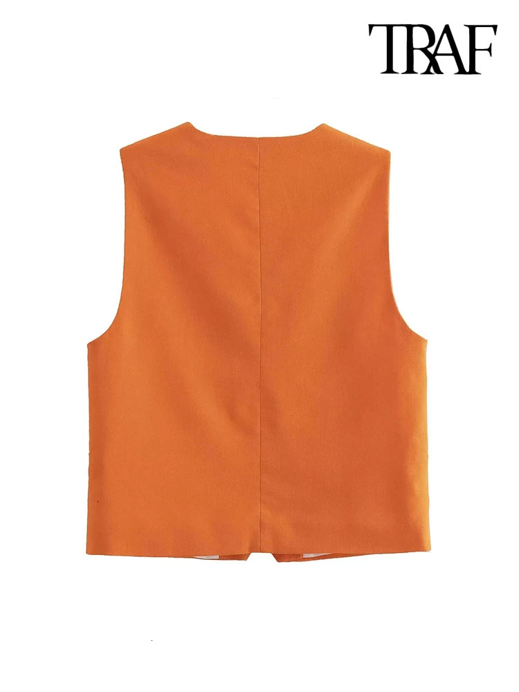 TRAF Women Fashion Front Button Linen Blend Waistcoat Vintage V Neck Sleeveless Female Outerwear Chic Vest Tops 240523