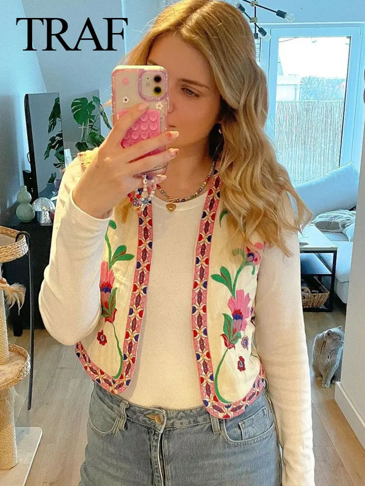 TRAF Women Summer Elegant Floral Embroidery Vest V Neck Cardigan Short Waistcoat Woman Casual Loose Tops Fashion Streetwear 240523