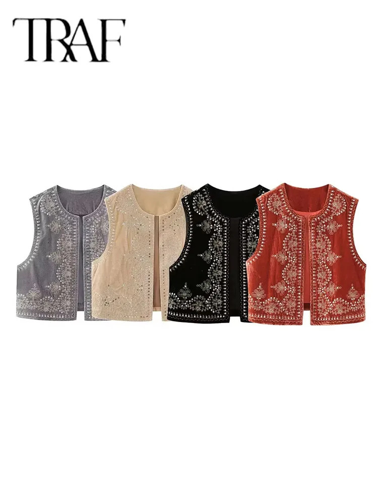TRAF Vintage Autumn Velvet Embroidered Vest Sleeveless Jacket Women V Neck Chic Waistcoats Female Fashion Vests Coat 240523