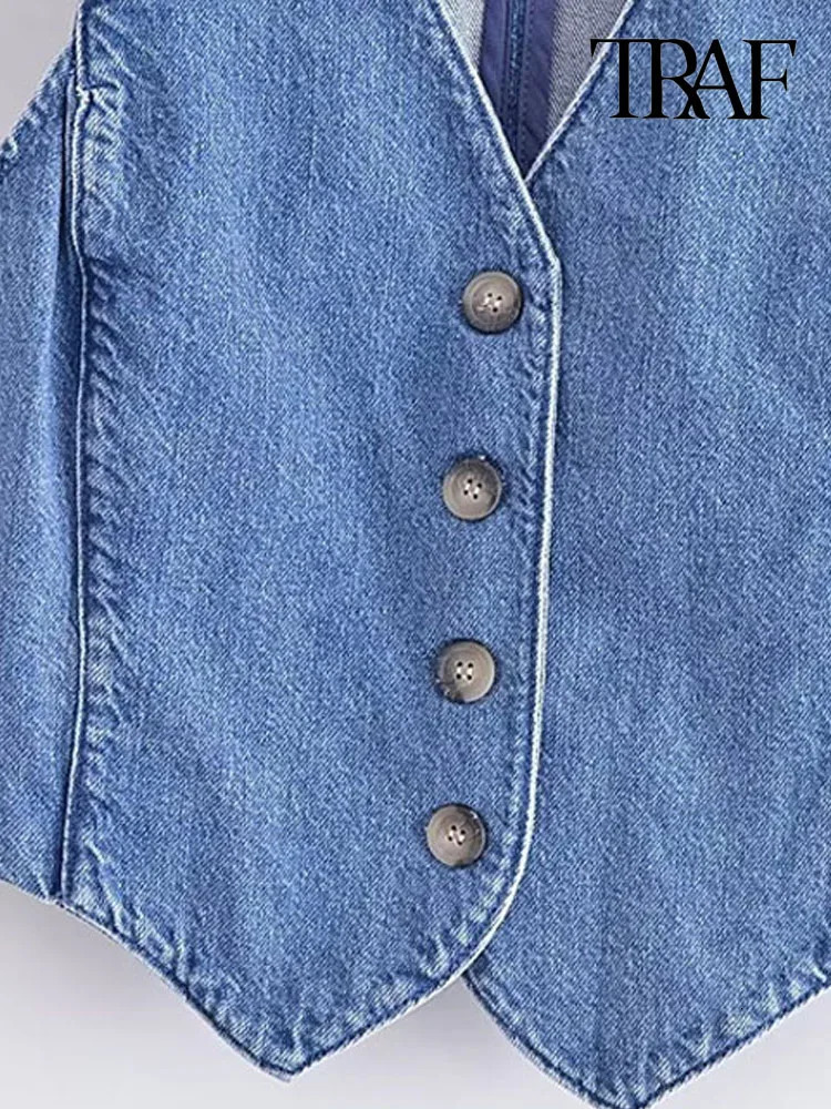 TRAF Women Fashion Front Button Denim Waistcoat Vintage V Neck Sleeveless Female Outerwear Chic Vest Tops 240523