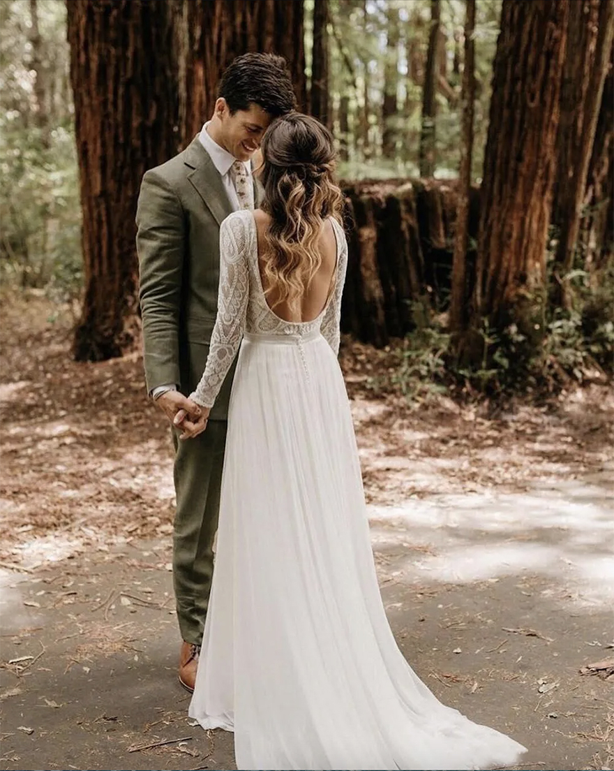Beach Bohemian Dresses Sexy Backless Long Sleeve Country Boho Bridal Gowns Custom Made Wedding Dress Free shipping Free shipping Free