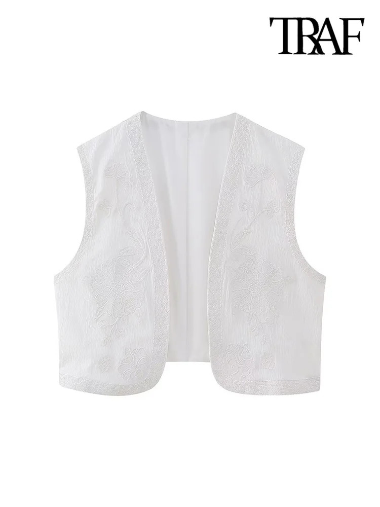 TRAF Women Fashion Floral Embroidery Waistcoat Vintage Sleeveless Front Open Female Outerwear Chic Vest Tops 240523