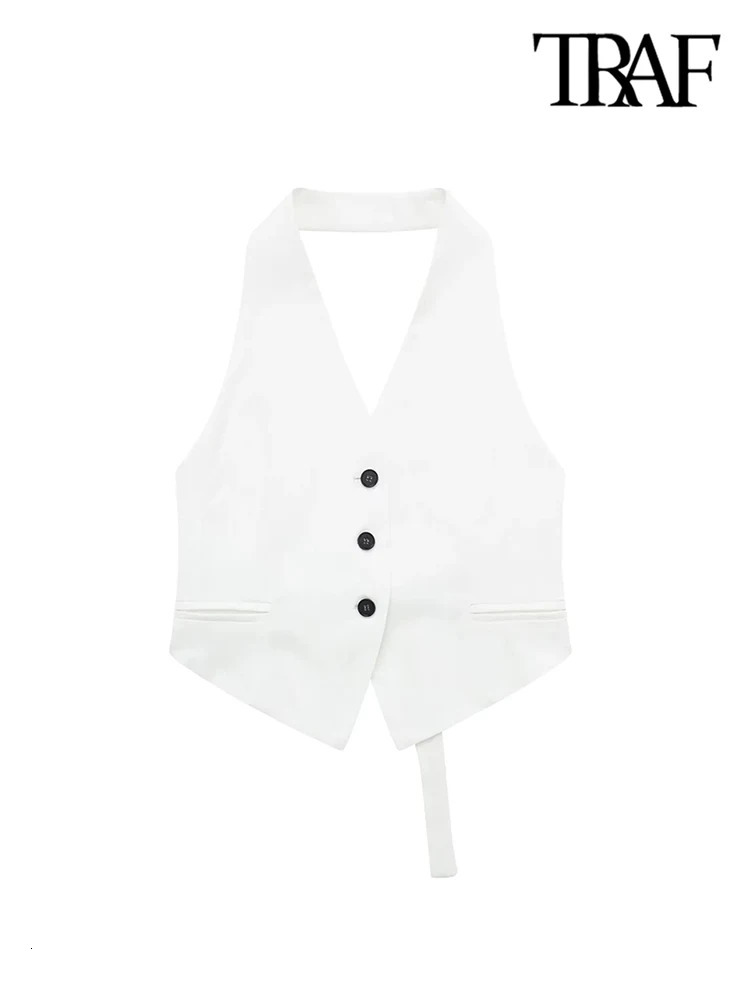 TRAF Women Fashion Backless Halter Neck Waistcoat Sexy Sleeveless Buttonup Female Outerwear Chic Vest Tops 240523