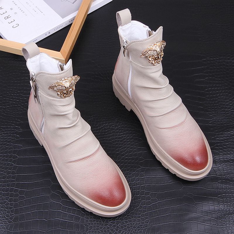 New Men's boots tide male contracted high top recreational leather shoes pointed individual high top shoes white male boots A5