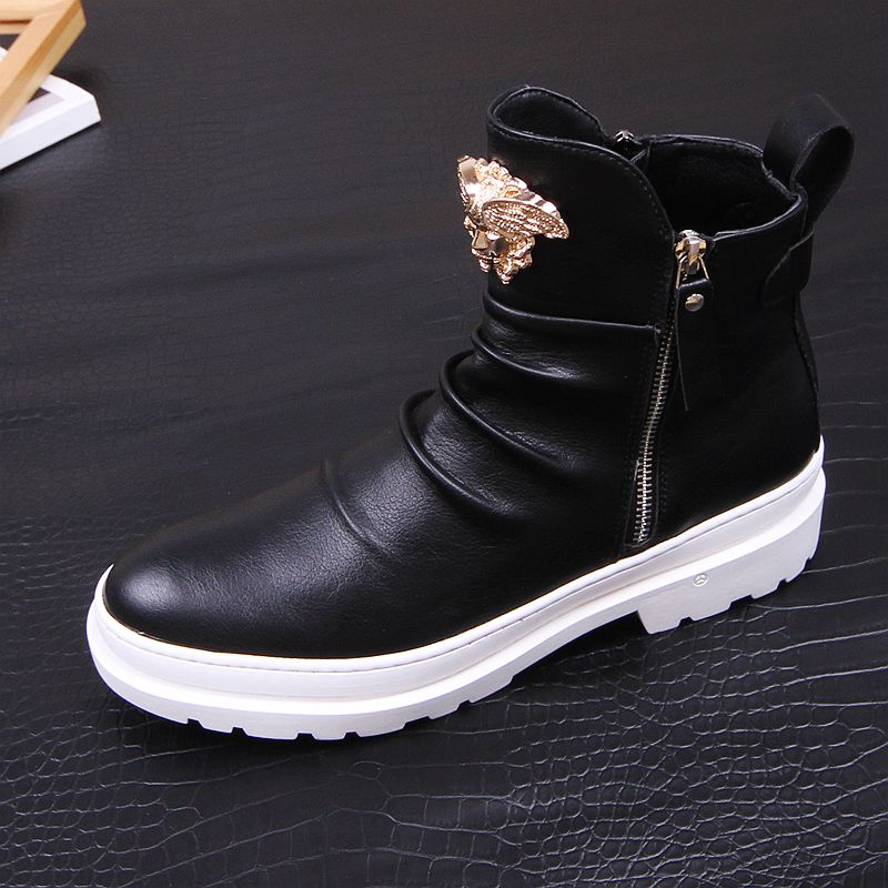 New Men's boots tide male contracted high top recreational leather shoes pointed individual high top shoes white male boots A5