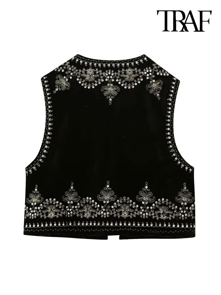 TRAF Women Fashion With Sequin Floral Embroidery Crop Waistcoat Vintage O Neck Sleeveless Female Outerwear Chic Vest Tops 240523