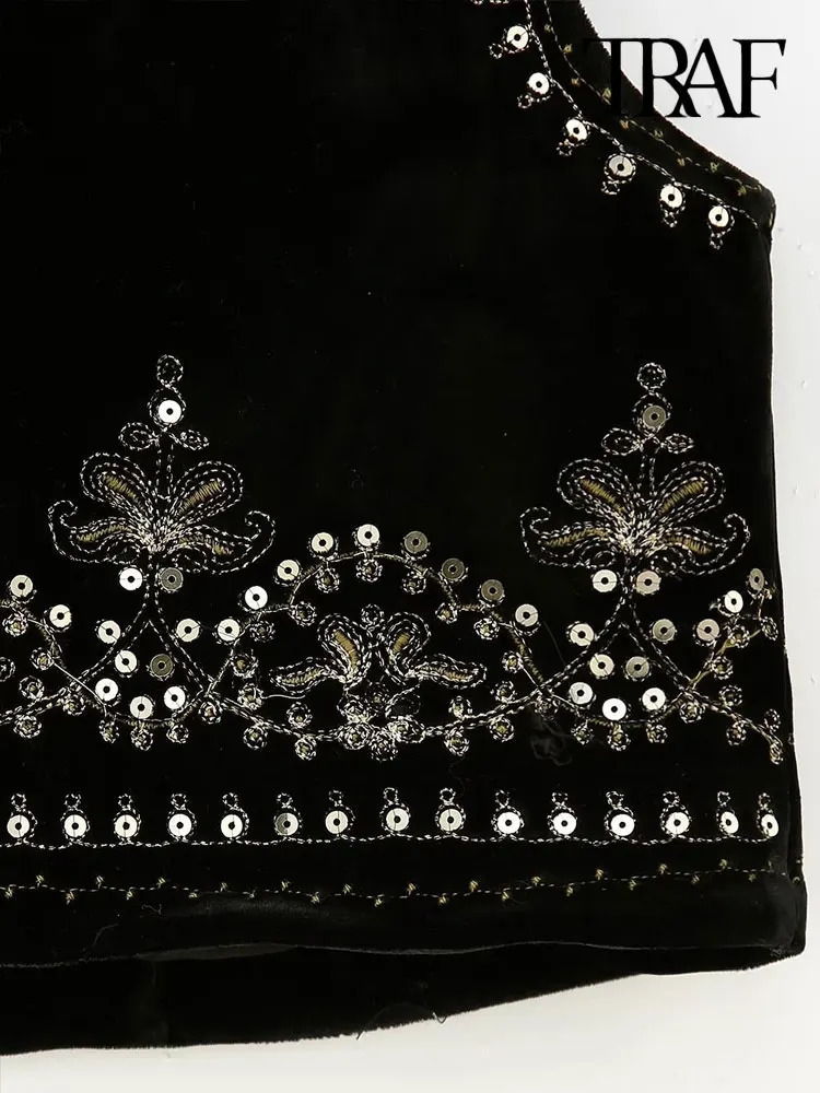 TRAF Women Fashion With Sequin Floral Embroidery Crop Waistcoat Vintage O Neck Sleeveless Female Outerwear Chic Vest Tops 240523