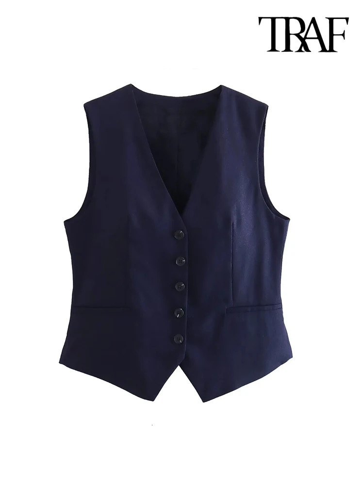 TRAF Women Fashion Front Button Linen Blend Waistcoat Vintage V Neck Sleeveless Female Outerwear Chic Vest Tops 240523