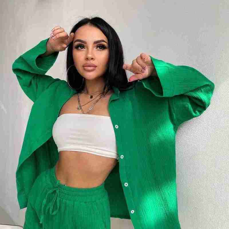 2023 New Long sleeved Commuter Shirt Shorts Set for Women