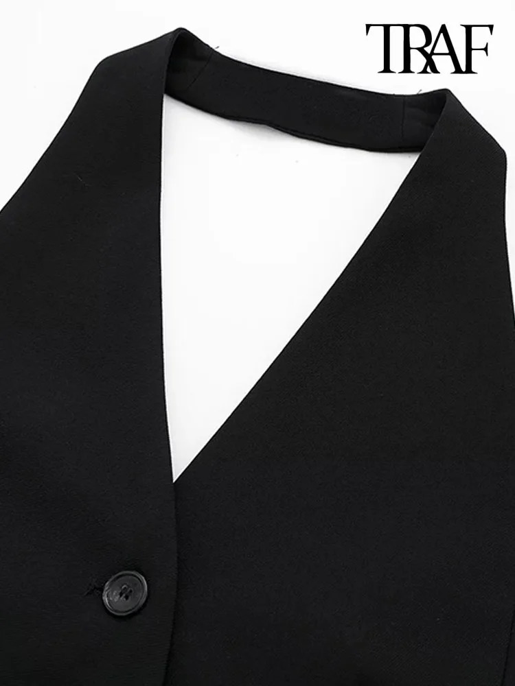 TRAF Women Fashion Backless Halter Neck Waistcoat Sexy Sleeveless Buttonup Female Outerwear Chic Vest Tops 240523