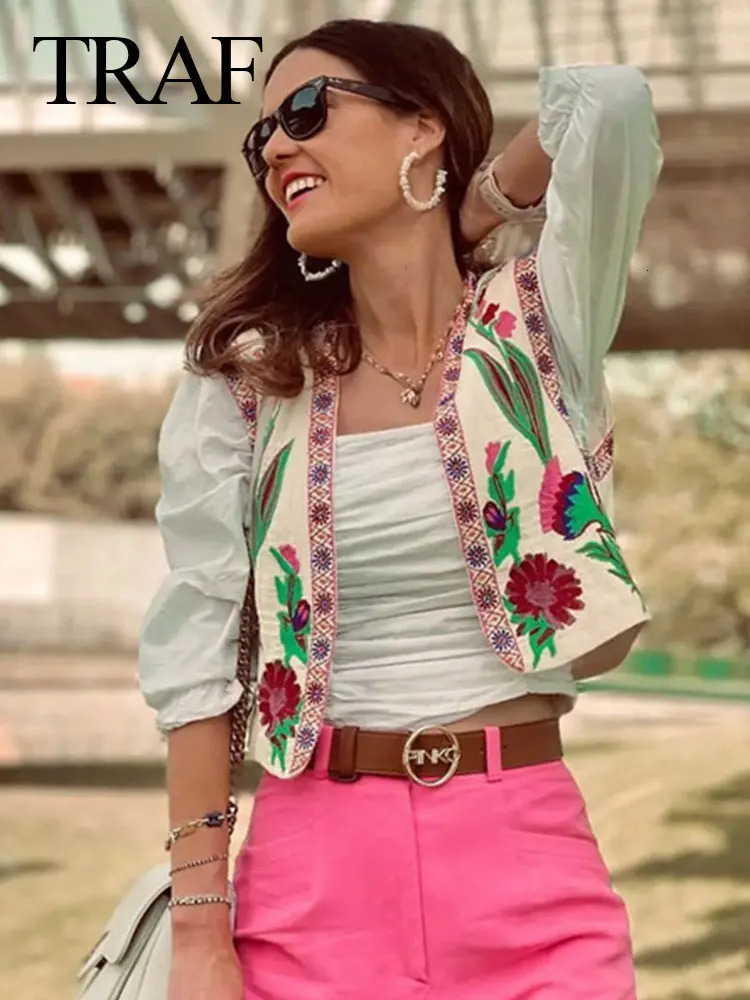 TRAF Women Summer Elegant Floral Embroidery Vest V Neck Cardigan Short Waistcoat Woman Casual Loose Tops Fashion Streetwear 240523