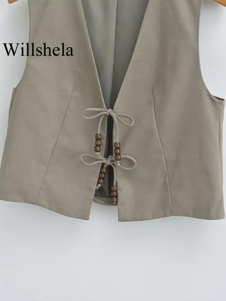 Willshela Women Fashion With Beading Army Green Lace Up Vest Sleeveless Jackets Vintage VNeck Waistcoat Female Chic Tank Tops 240523