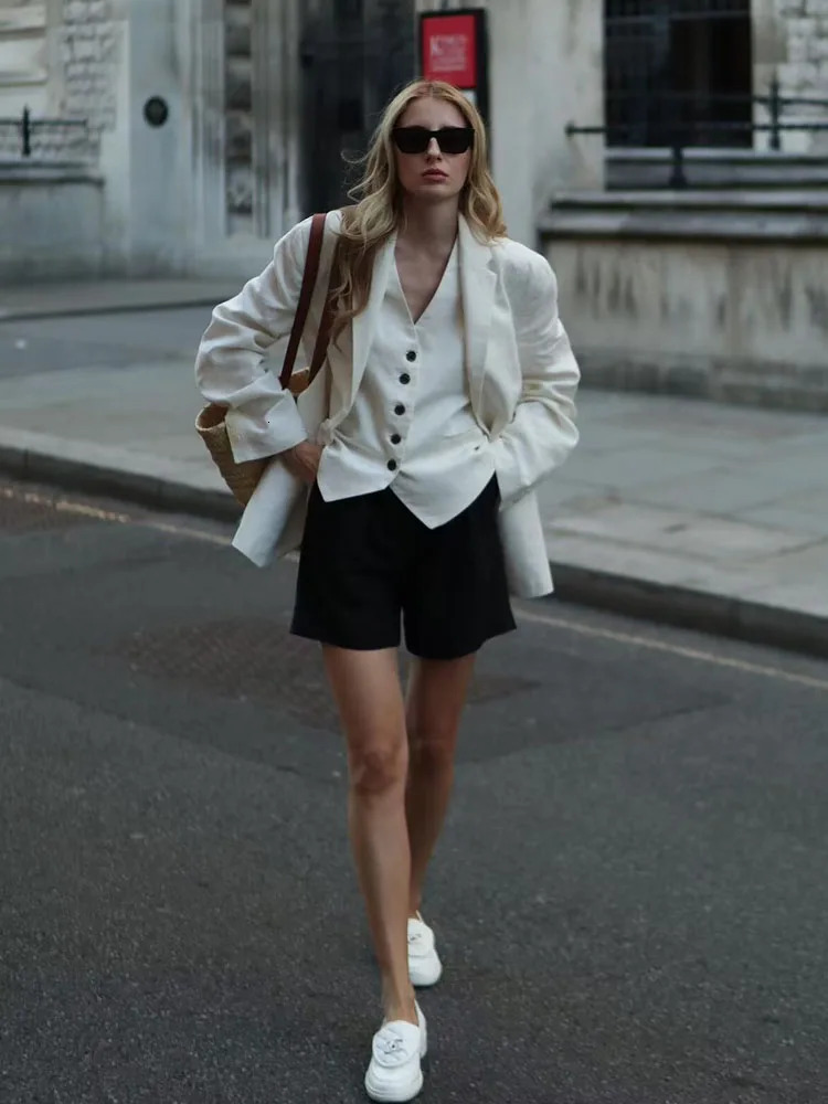 TRAF Linen Vests for Women Sleeveless Suit Vest Coat Woman Autumn Korean Fashion Female Black White Top 240523