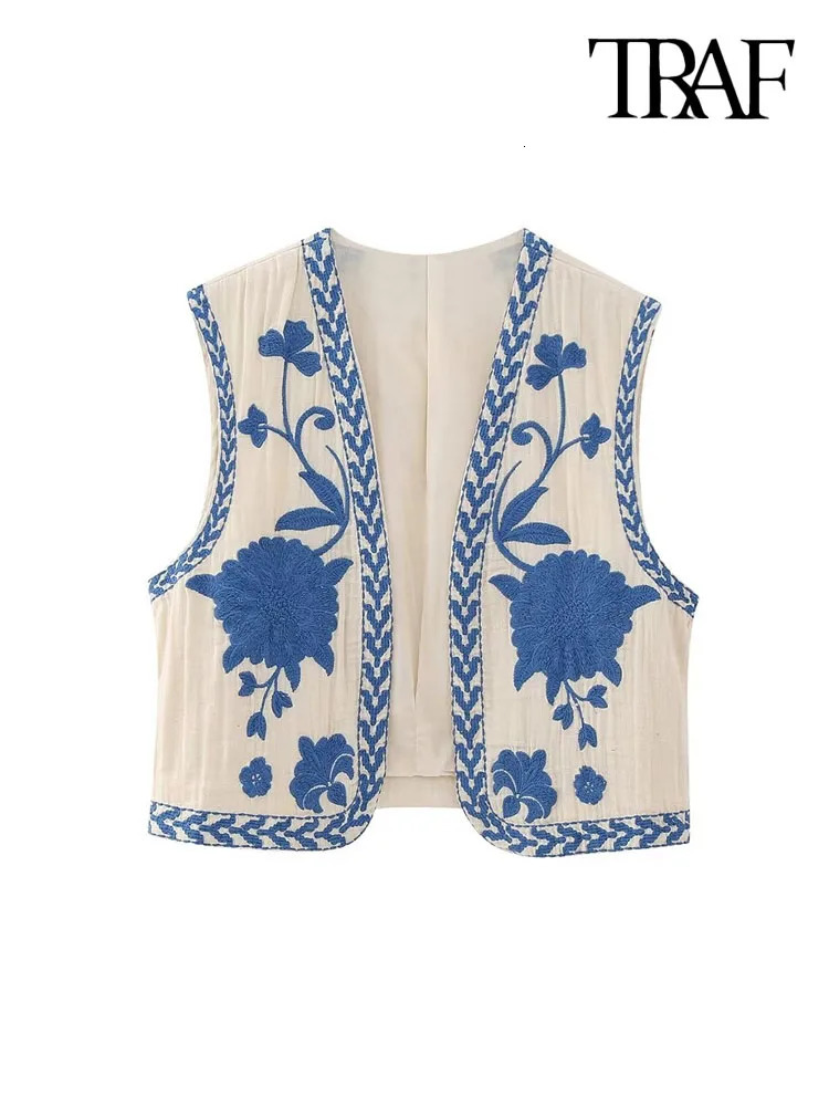 TRAF Women Fashion Floral Embroidery Waistcoat Vintage Sleeveless Front Open Female Outerwear Chic Vest Tops 240523