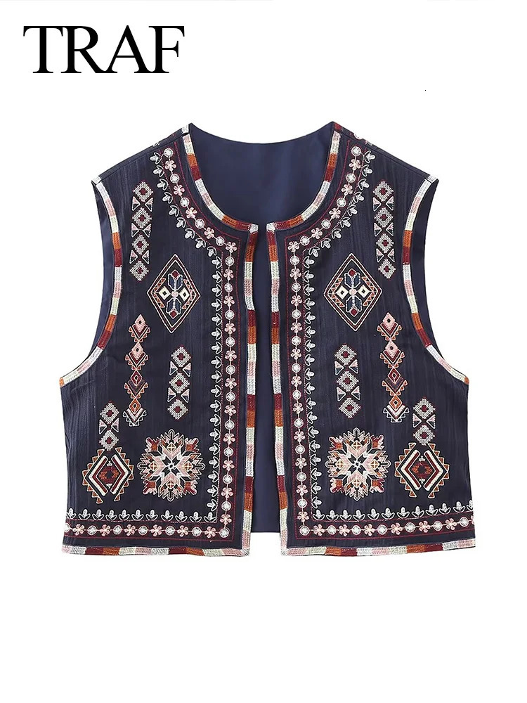 TRAF Women Y2K Vintage Sequins Flower Embroidery Vest Coat Ladies Patchwork Casual Velvet WaistCoat Tops Vests Streetwear 240523