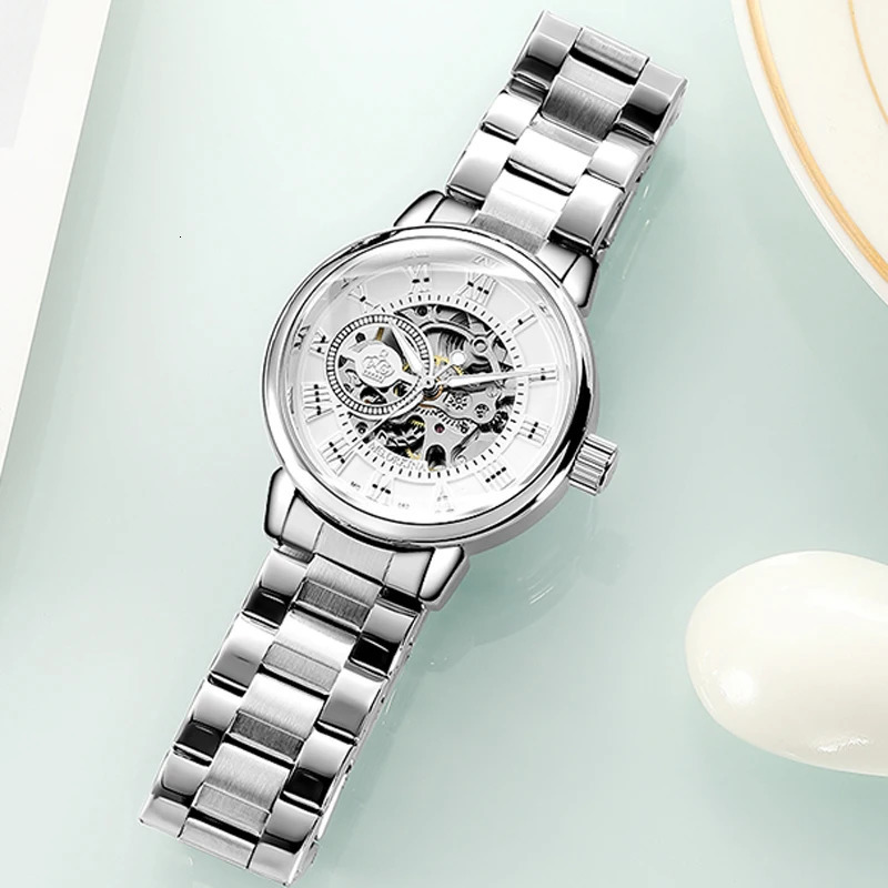 ORKINA Silver Skeleton Womens Watch Stainless Steel Fashion Ladies Mechanical Watches Female Automatic Self-Wind Wristwatches 240524
