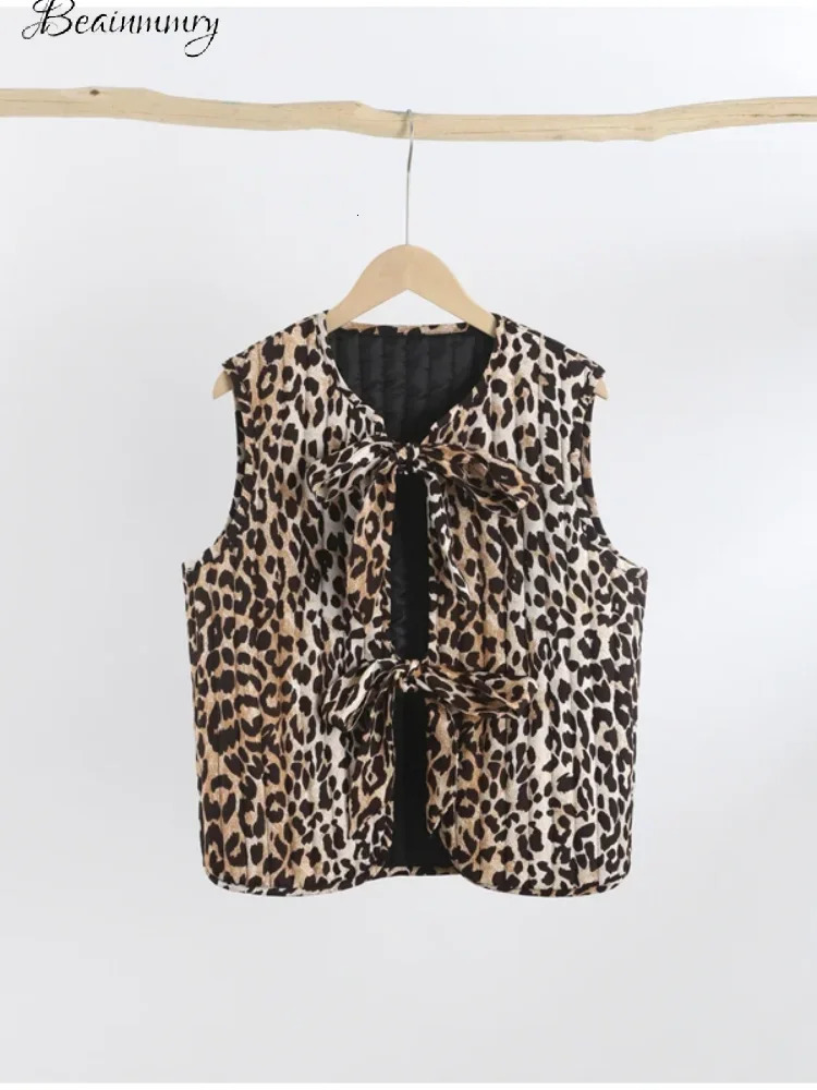 Street Leopard Oneck Bow Women Vest Jacket Elegant Sleeveless Lace Up Female Outwear Spring Fashion Lady Warm Coat 240523