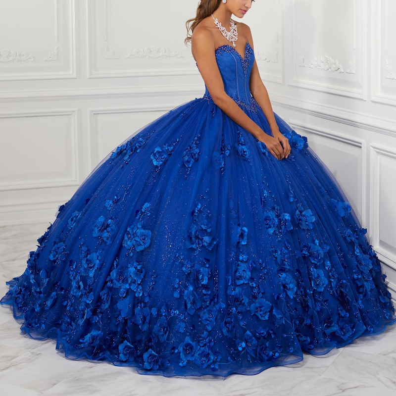Royal Blue Princess Quinceanera Dresses 3D Flowers Beads Tull Pageant Party Sweet 16 Ball Gown 15 Vestidos De Fiest