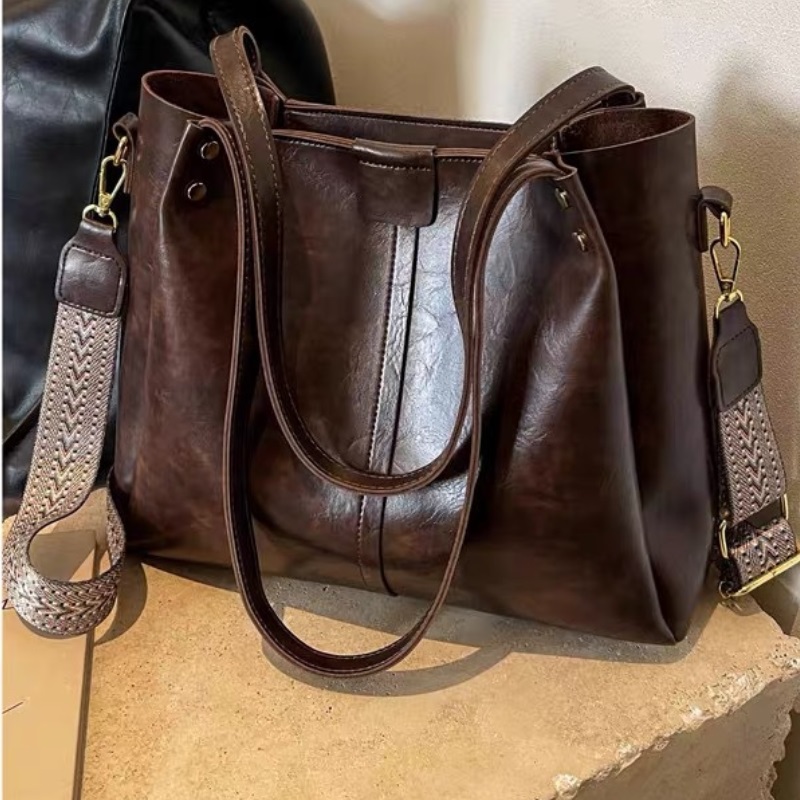 Fashionable tote bag with neutral coffee color and multifunctional PU leather shopping bag, large capacity crossbody handbag, business retro bag