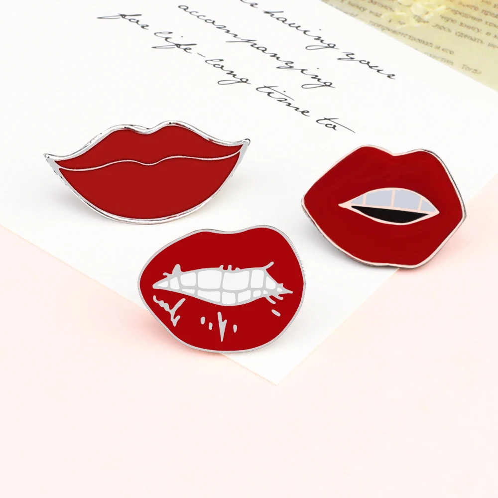 Women Sexy Red Lips Enamel Pin Personality Vampire Fangs Lip Brooch Black Shiny new 2025 Mouths Biting Tongue out Red Blood Badge Jewelry