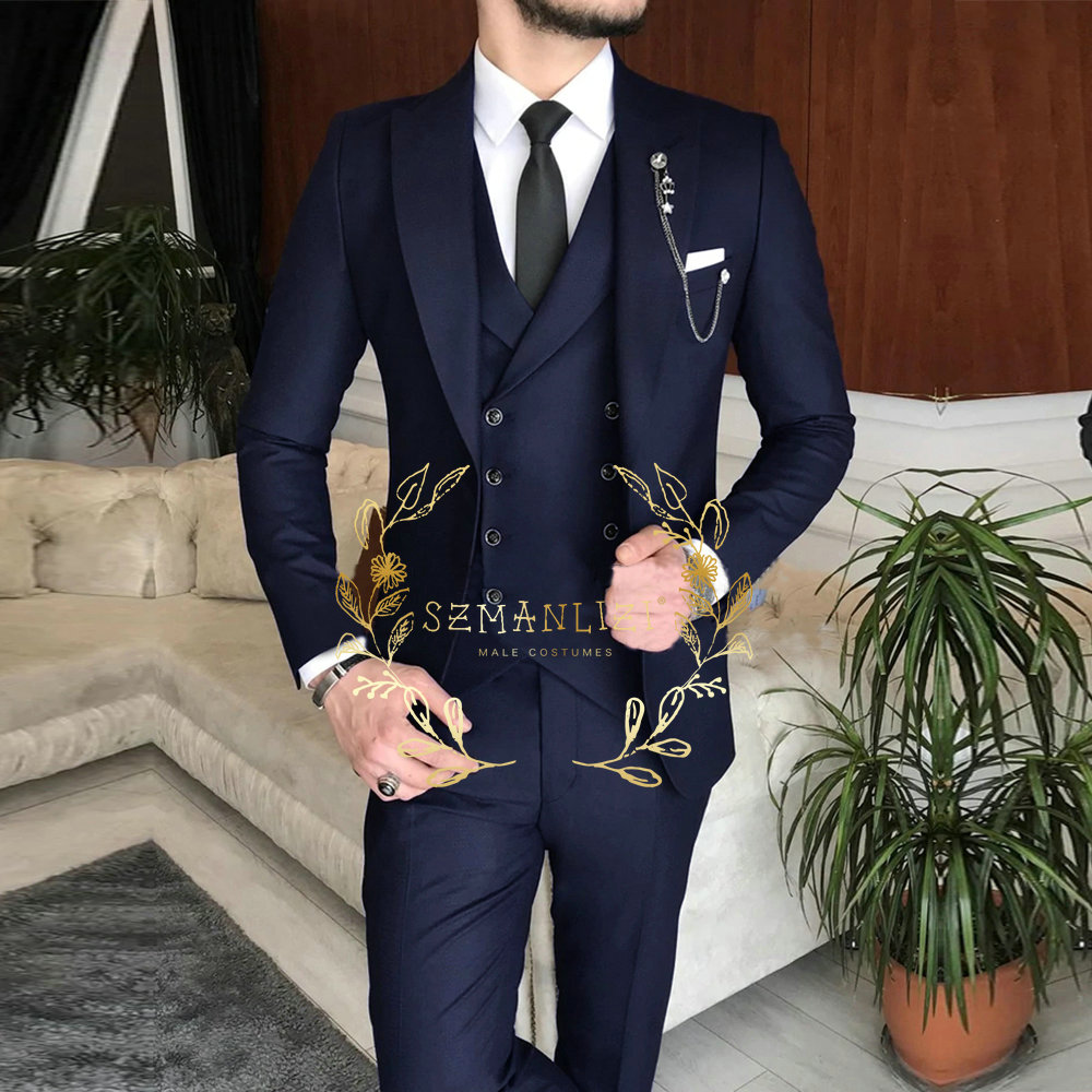 New Arrival Male Suits 2025 Slim new Fit 3 Pieces Peak Lapel Dark Green Classic Men Wedding Suits Groom (Blazer+Vest+Pants) Costume Homme