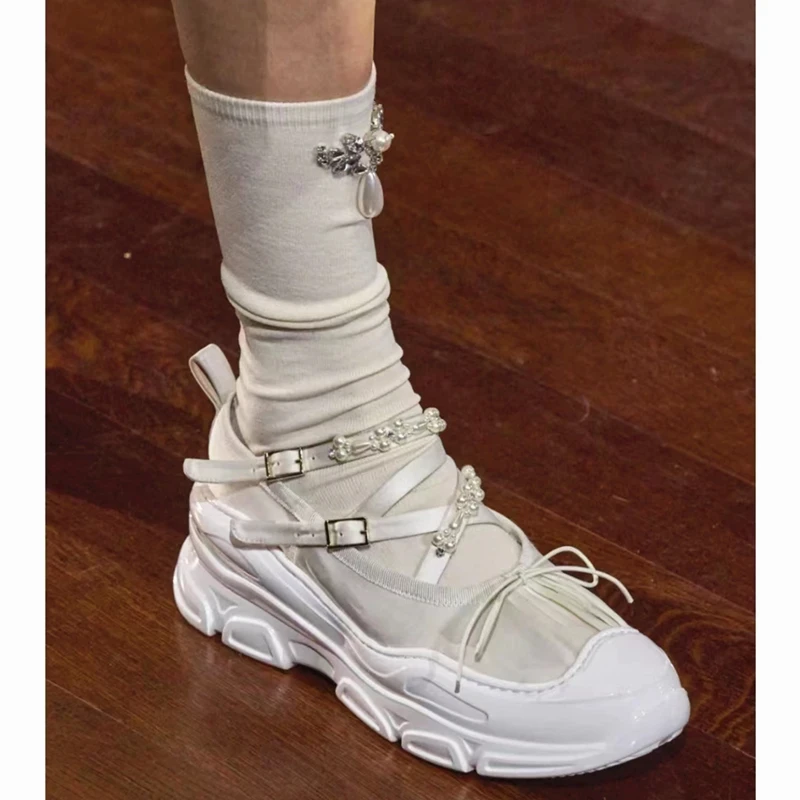 new Criss-cross Sanadals Bow Sandalias Low Tre 2025 Ballerina Women Shoes Round Toe Sneakers Beading Zapatos Mujer Thick Heels In Black