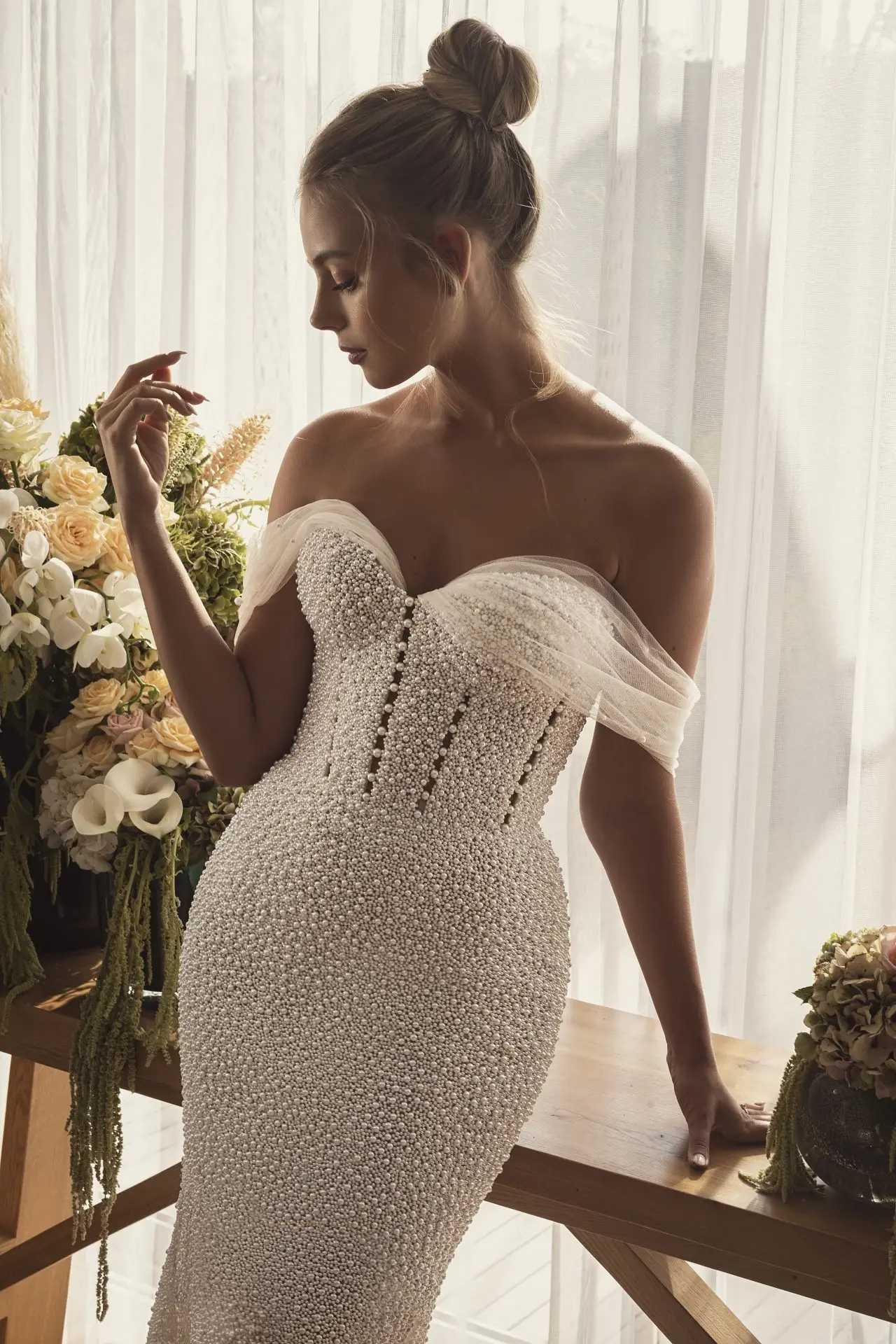 Elegant Wedding Dresses More Pearls Mermaid Bridal Gowns Off Shoulder Backless Custom Made Sweep Train Bride Vestido de novia