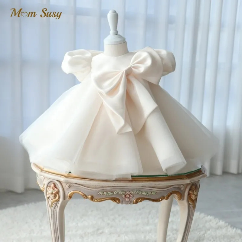 Baby Girl Silk Princess Tutu Dress with Puff Sleeves Childrens Vintage Vesido Party Pageant Birthday Baptist Frog Baby Clothing 1-12Y 240520