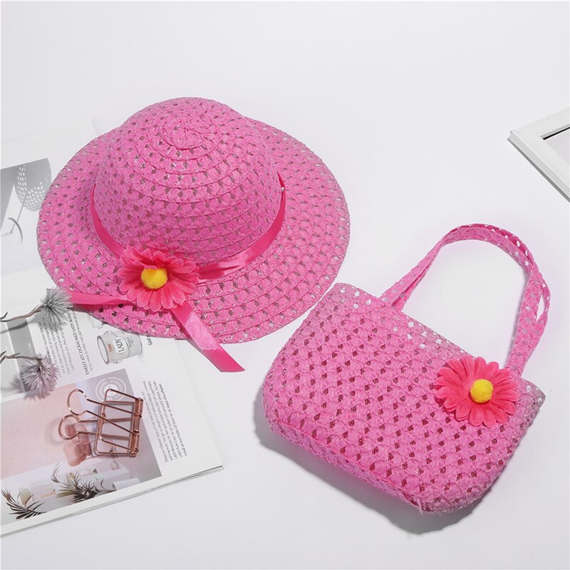 2 Pcs Set 2025 Girls Tea Party Straw Sun Hat and new Purse Sets Kids Child Birthdays Easter Party Daisy Flower Summer Beach