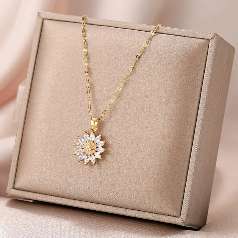 1PCS Gold-color Necklace Ladies Light Style Flower Pendant Inlaid 2025 Zirconia Titanium Steel new Chain Holiday Jewelry