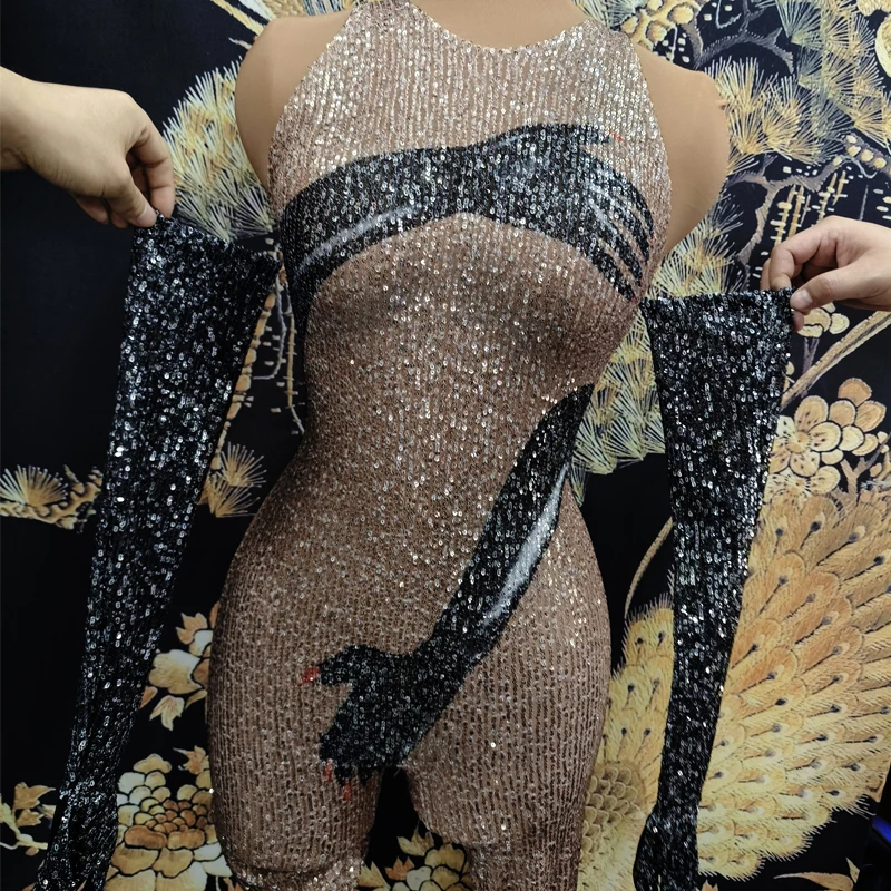 Sexy Pole Dance Outfit Women Dj Ds Party Gogo Clothing Clubwear Drag Queen Costume Black Gold Sequins Jumpsuit Gloves