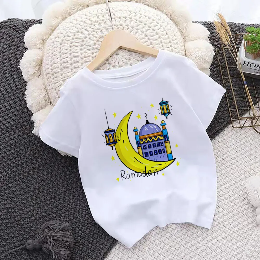 Happy Eid Mubarak Summer T-shirt Children's Clothing Eid Girls Boys Tops Ramadan Short Sleeve T-shirt new Kids 2025 Eid Outfit Clothes