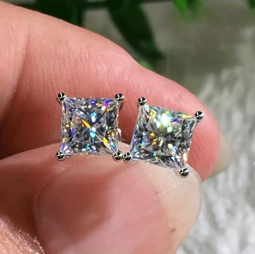 2024 Ins Top Sell Stud Earrings Simple Fashion Jewelry 925 Sterling Silver Fill Princess Cut White 5A Cubic Zircon Party Women Wedding Earring Gift