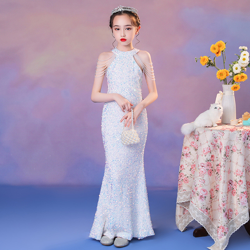Long Boho Flower Girls Dresses For Wedding sequined mermaid Floor Length Lace Little Kids First Communion Dress Vintage sequined off shoulder Girls Pa