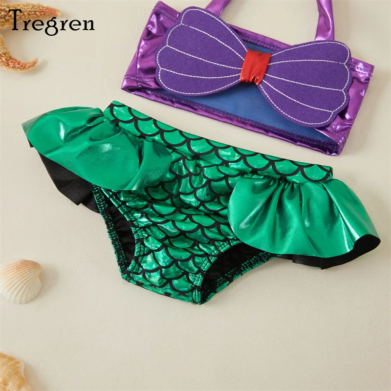 Tregren Toddler Kids new Girl 2025 Mermaid Bikinis Set Summer Beachwear Halter Top Swimwear Swimming Pool Bathing Suit with Headband